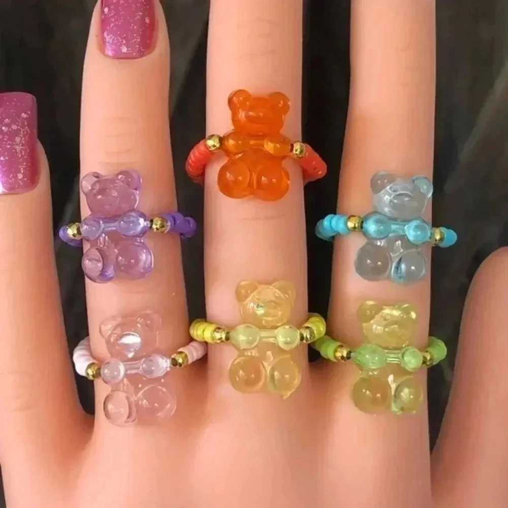 6 Pack Gummy Bear Rainbow Stretch Seed Bead Rings NWT